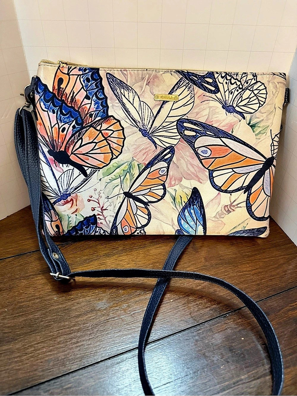 Chula Butterfly Floral Watercolor Crossbody Clutch Bag in Blue & Pink Like New